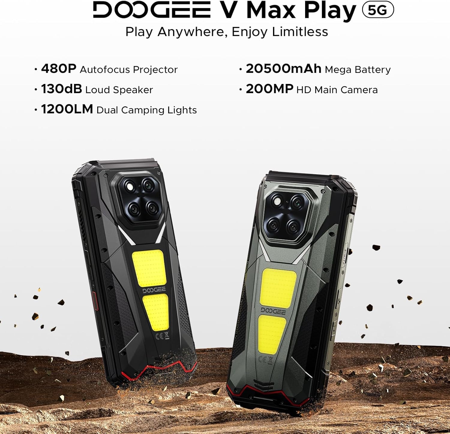 V MAX Play 5G Rugged Phone with 100 Lumens Projector,36Gb+512Gb/2Tb,200Mp+32Mp Camera,Dimensity 7300 Rugged Smartphone,20500Mah,6.78" Fhd+120Hz,1200Lm Dual Camping Lights,Waterproof/Nfc/Wifi6E