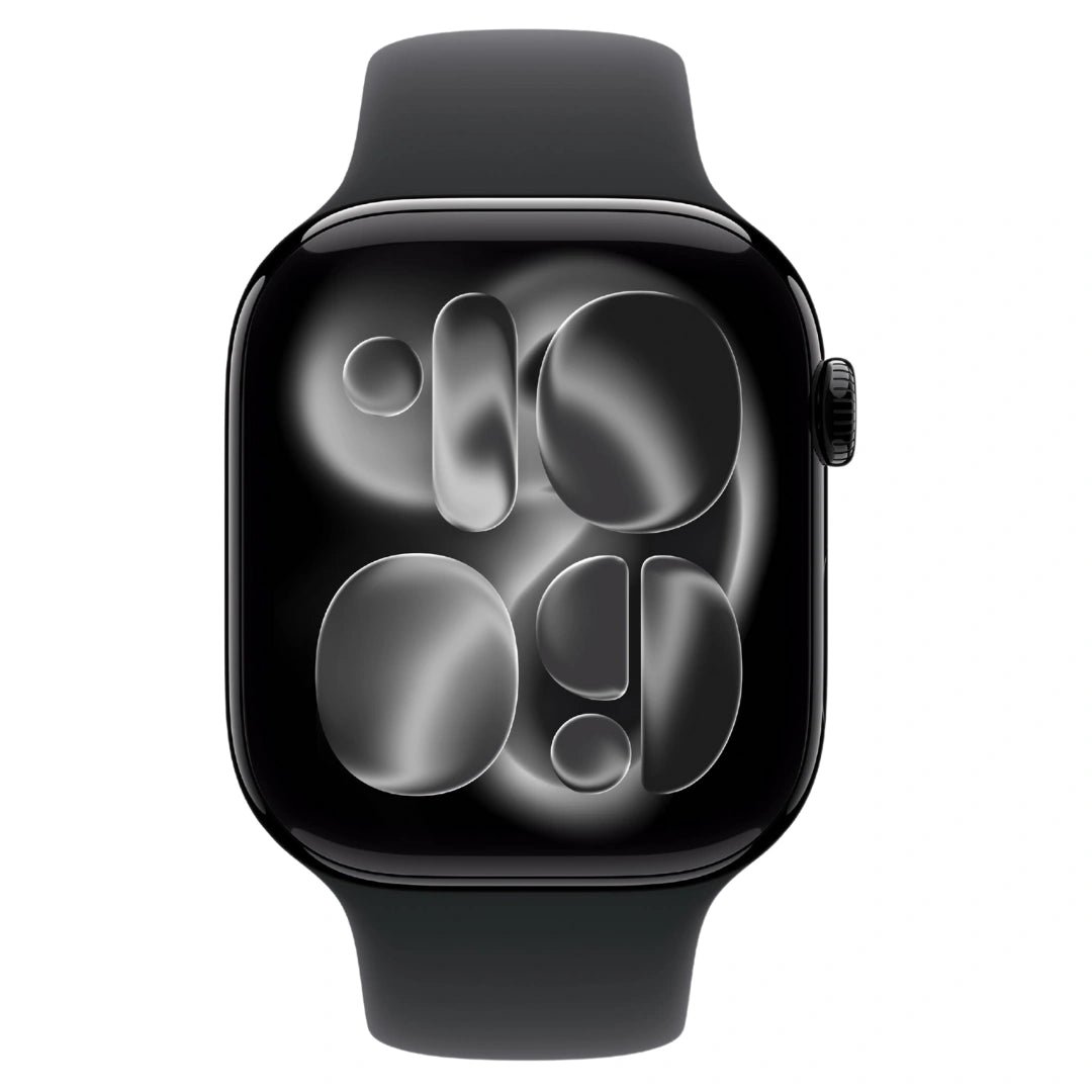 Vista frontal del Apple Watch negro con correa deportiva a juego, destacando su pantalla de borde a borde y esfera de reloj minimalista en tonos oscuros.
