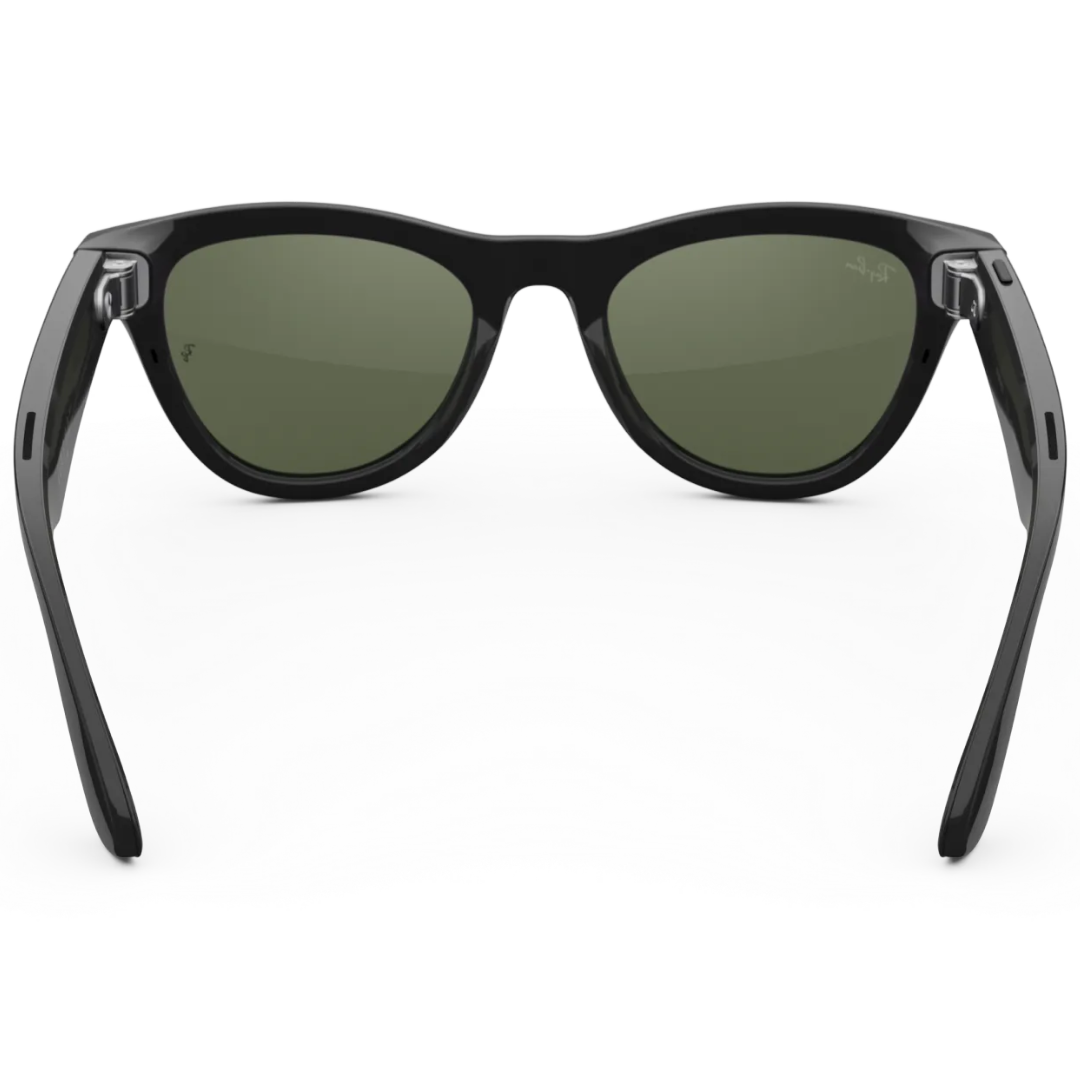 Gafas inteligentes Ray-Ban Wayfarer negras vistas desde atrás. Muestra el interior de la montura y las lentes verdes.