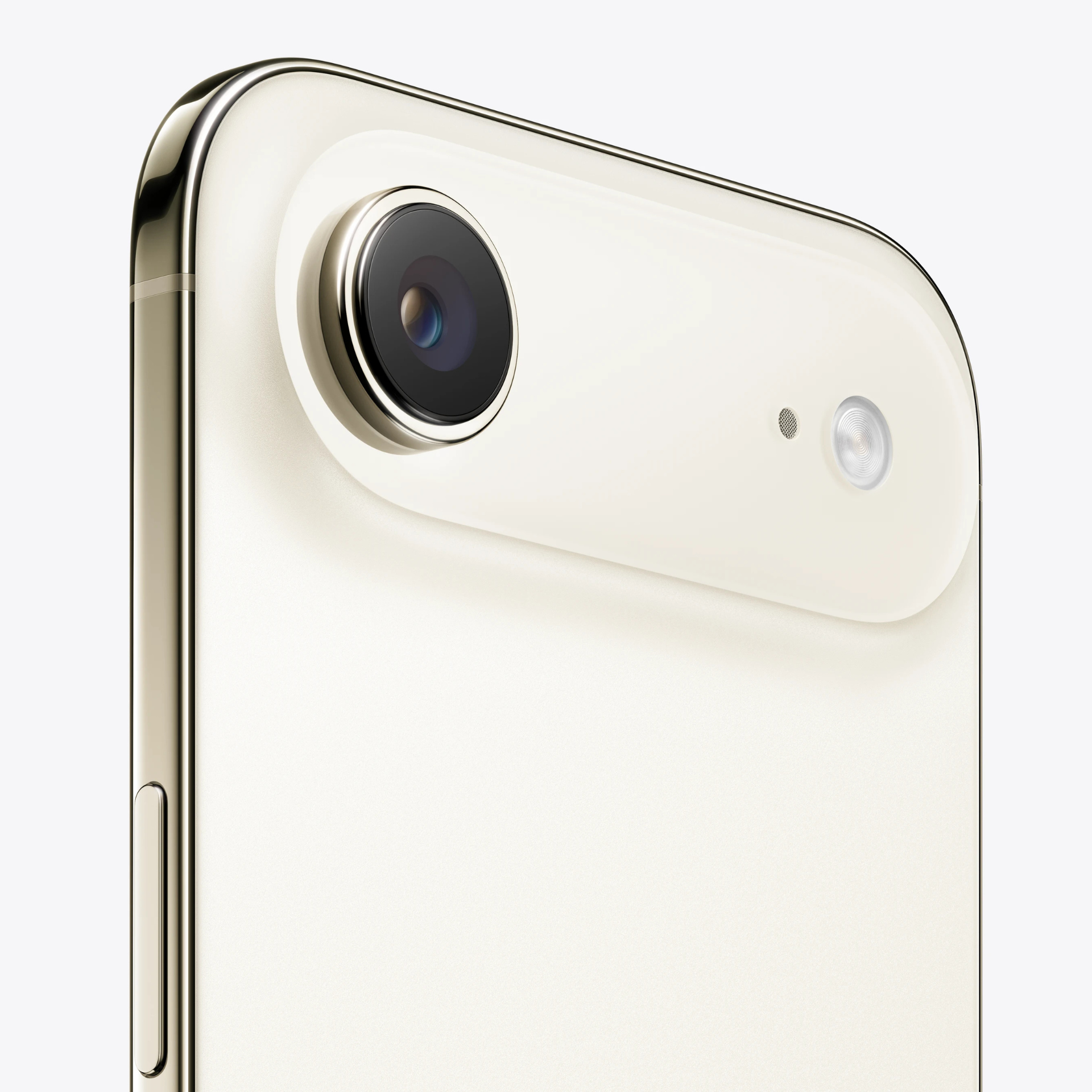 Primer plano de la cámara trasera individual y el flash LED del iPhone 17 Air en color dorado o crema. Muestra el diseño de la banda de la cámara.