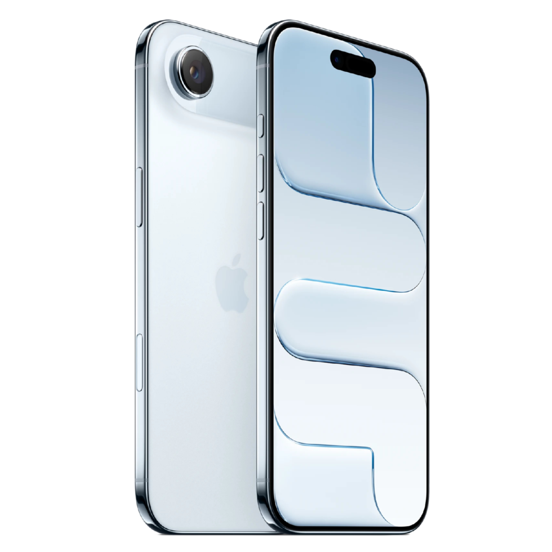 Representación del iPhone 17 Air en color blanco o plateado. Muestra la parte trasera con cámara única y la pantalla encendida con un fondo de pantalla claro.