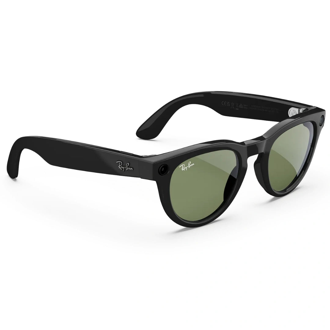 Gafas de sol inteligentes Ray-Ban Meta Wayfarer negras. Vista lateral y lentes de sol verdes.