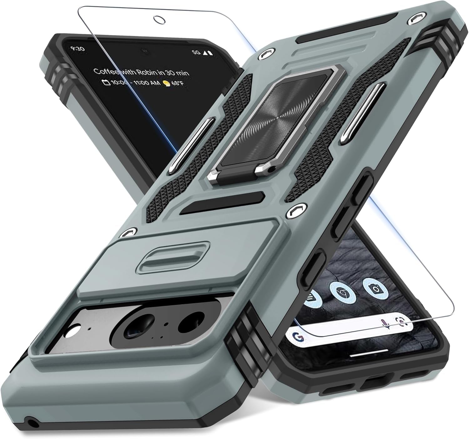 Case for Google Pixel 10/10 Pro with Slide Camera Cover+Screen Protector(1 Pack), Rotated Ring Kickstand Military Grade Shockproof Protective Cover-Green