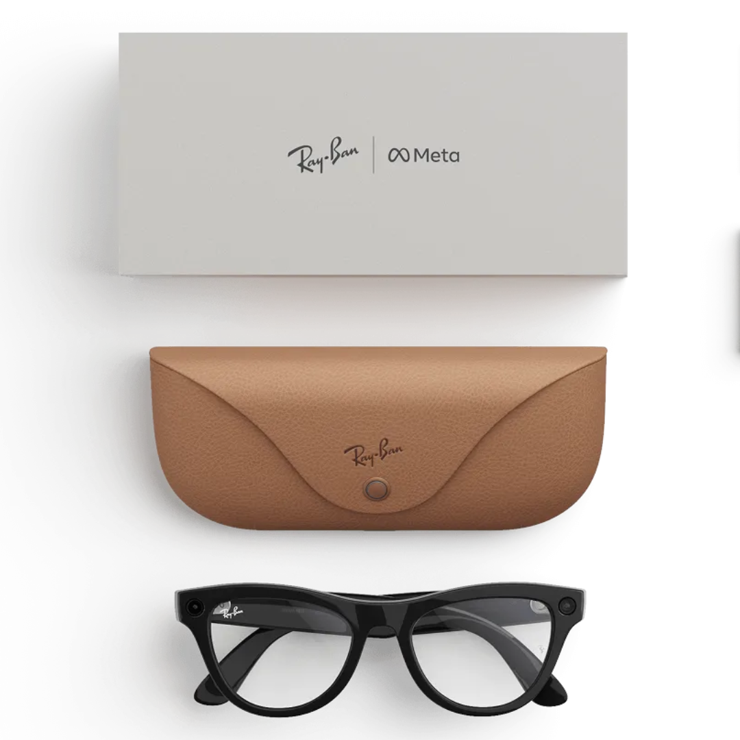 Gafas graduadas inteligentes Ray-Ban Meta Wayfarer negras. Incluye estuche de carga marrón y caja de embalaje.