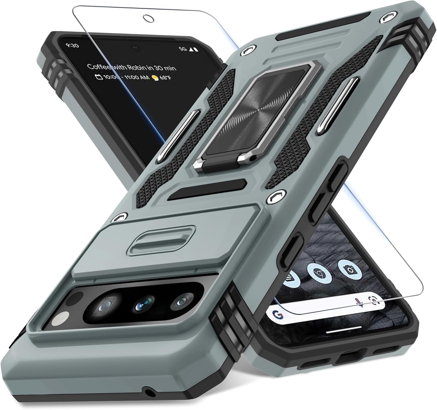 Case for Google Pixel 10/10 Pro with Slide Camera Cover+Screen Protector(1 Pack), Rotated Ring Kickstand Military Grade Shockproof Protective Cover-Green