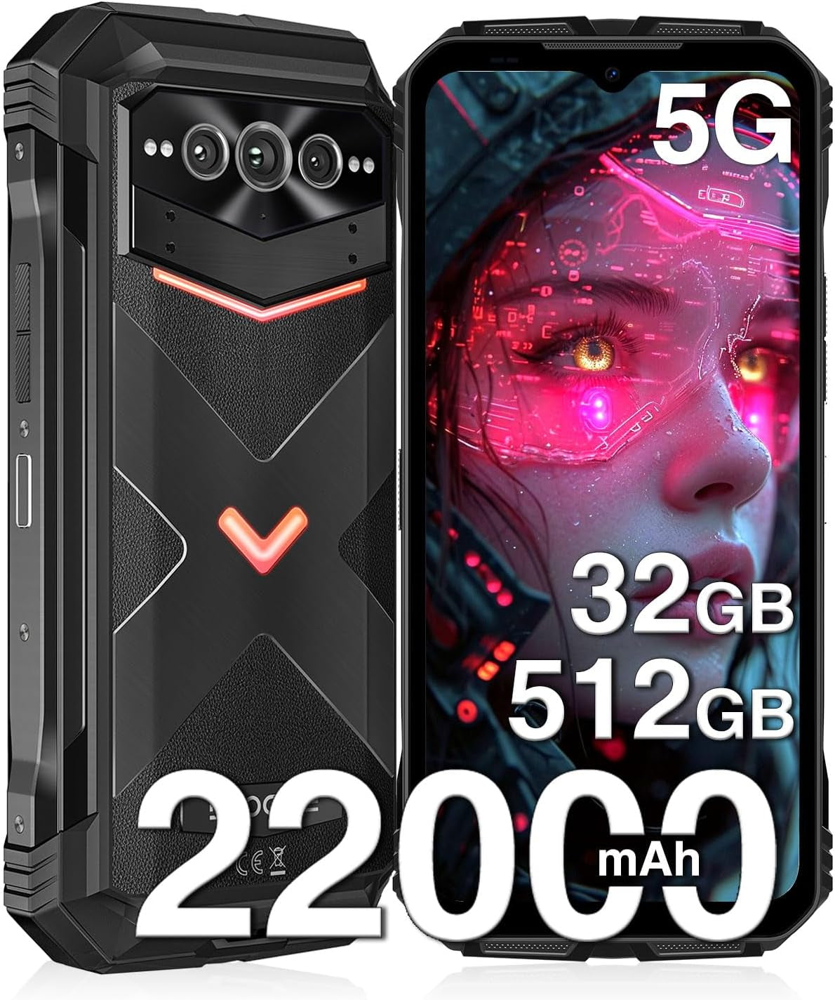 V Max Pro 5G Rugged Smartphone,22000Mah 32GB+512GB/TF 2TB Rugged Phone Unlocked Android 14,108MP+20MP Rugged Cell Phone,6.58" Fhd+120Hz IPS Screen,Ip68/Ip69K Waterproof Phone,Nfc/Face Id/Wifi 6