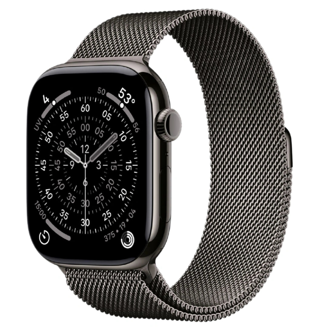 Apple Watch negro con correa Milanese de acero en perspectiva, mostrando su corona digital y una esfera de cronógrafo detallada con diseño profesional y elegante.