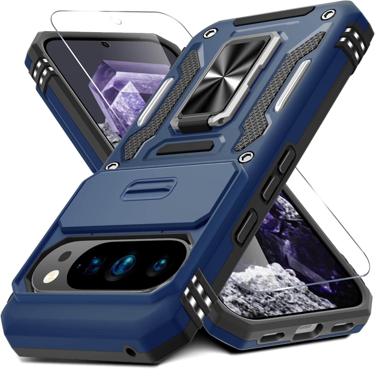 Case for Google Pixel 10/10 Pro with Slide Camera Cover+Screen Protector(1 Pack), Rotated Ring Kickstand Military Grade Shockproof Protective Cover-Green