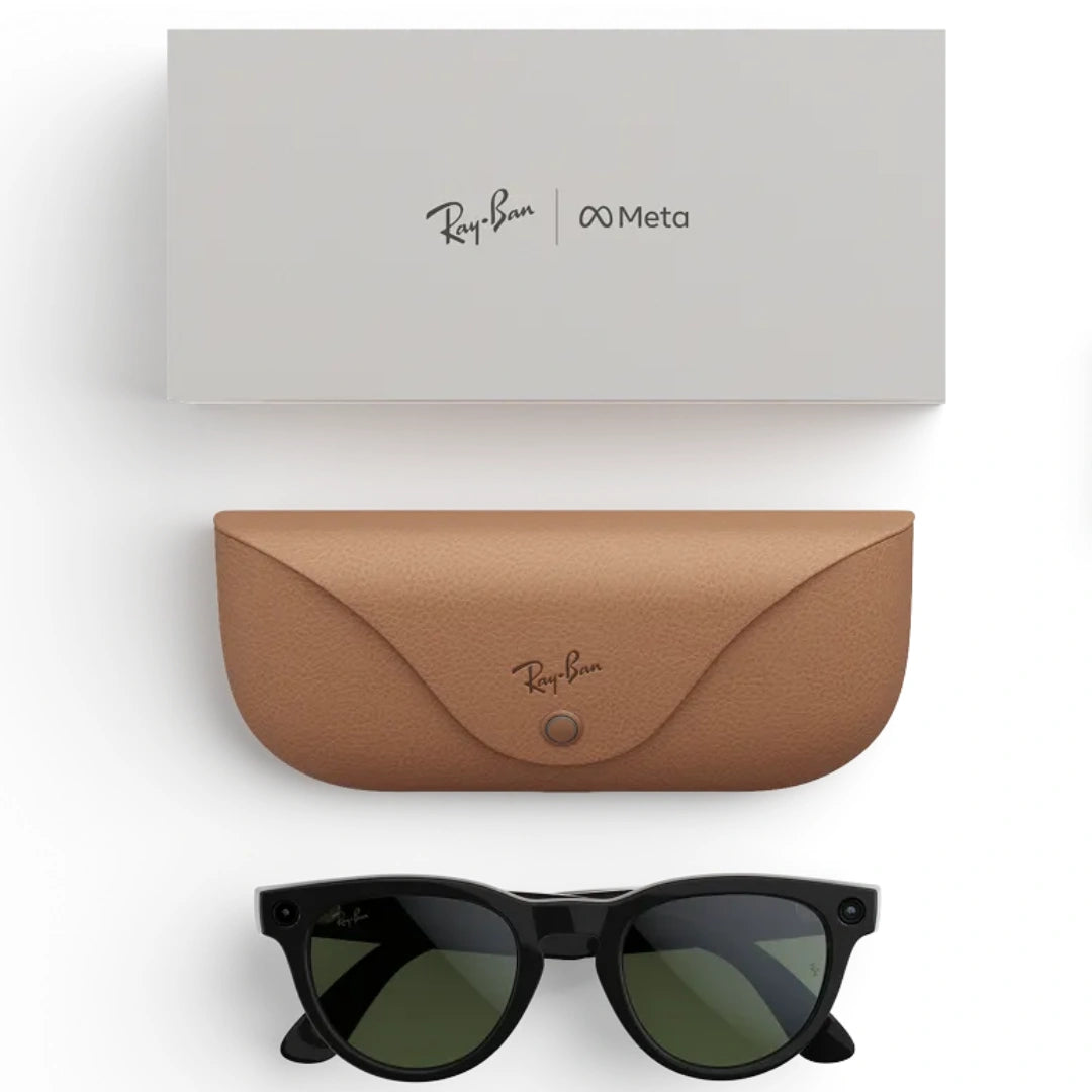 Set de gafas inteligentes Ray-Ban Meta Wayfarer con lentes G-15, estuche de carga de cuero marrón y caja de embalaje de la marca.