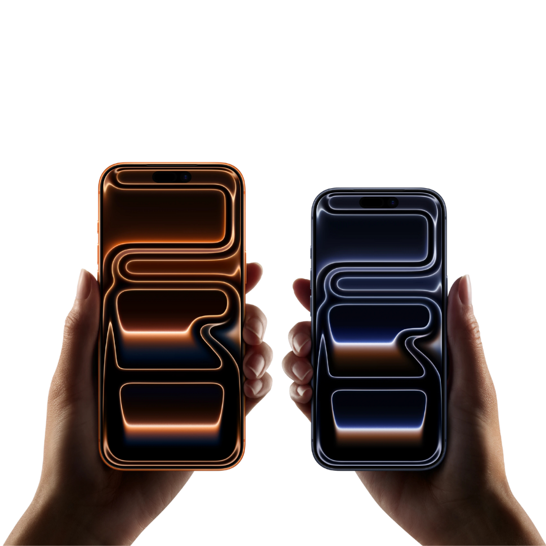 Dos manos sostienen dos iPhone 17 Pro Max: uno naranja y uno azul, ambos con fondos de pantalla de neón brillantes y abstractos.