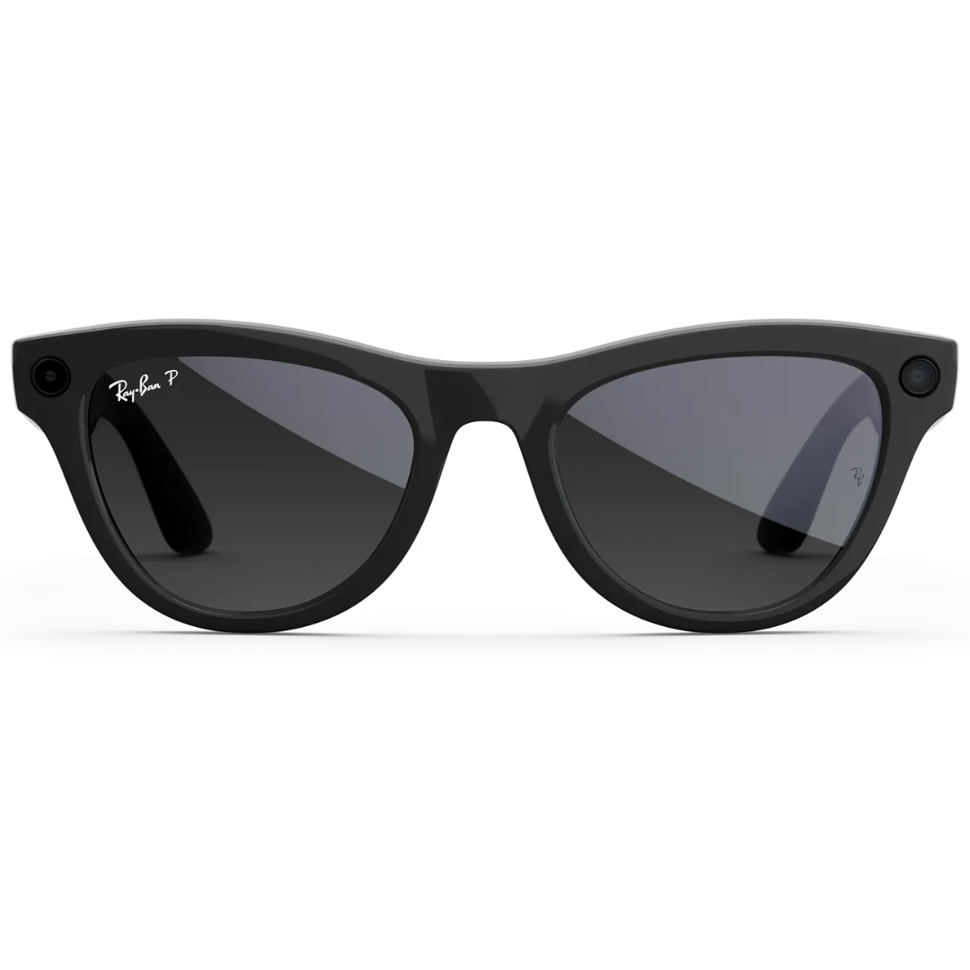 Gafas de sol inteligentes Ray-Ban Meta Wayfarer negras con lentes polarizadas. Muestra las cámaras laterales.
