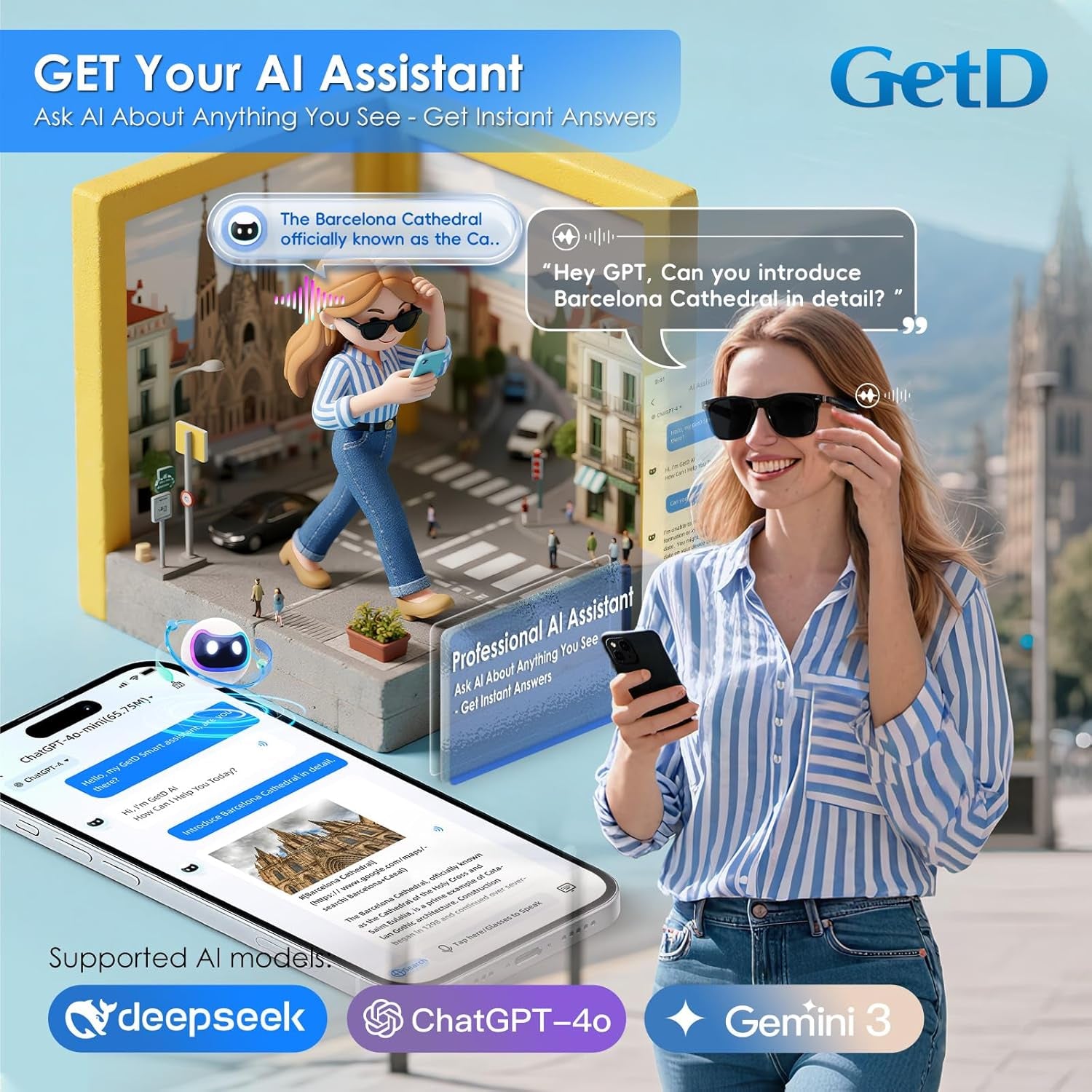 AI Glasses for Men & Women, Smart Glasses Powered by Chatgpt, AI Real-Time Translation with 147 Languages, 11H Music Play, Bluetooth Sunglasses with Polarized Lens, UV Protection for Daily Use, Travel
