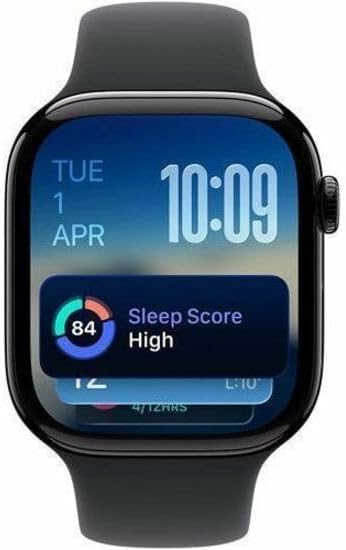 Primer plano de Apple Watch negro mostrando un "Sleep Score" de 84 en pantalla, destacando las funciones de monitoreo de sueño y salud.
