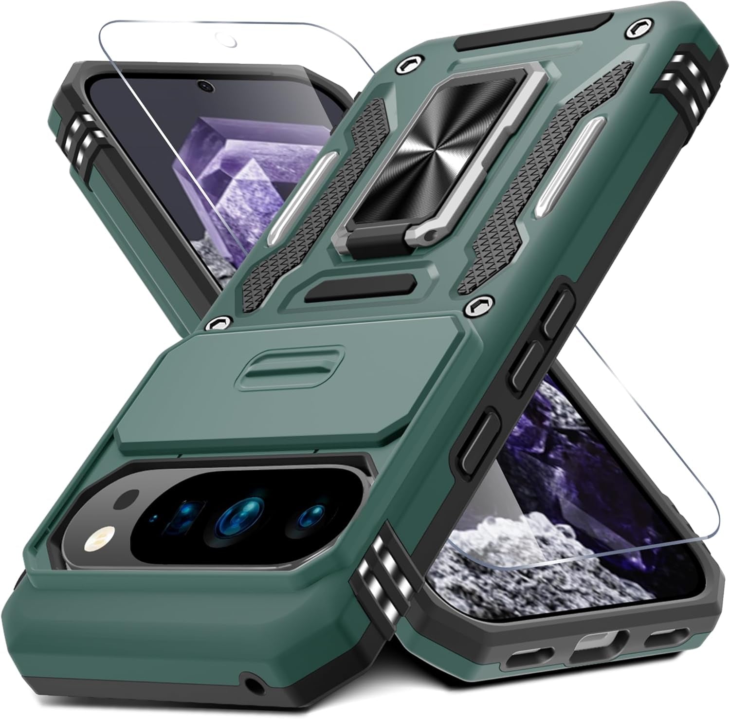 Case for Google Pixel 10/10 Pro with Slide Camera Cover+Screen Protector(1 Pack), Rotated Ring Kickstand Military Grade Shockproof Protective Cover-Green