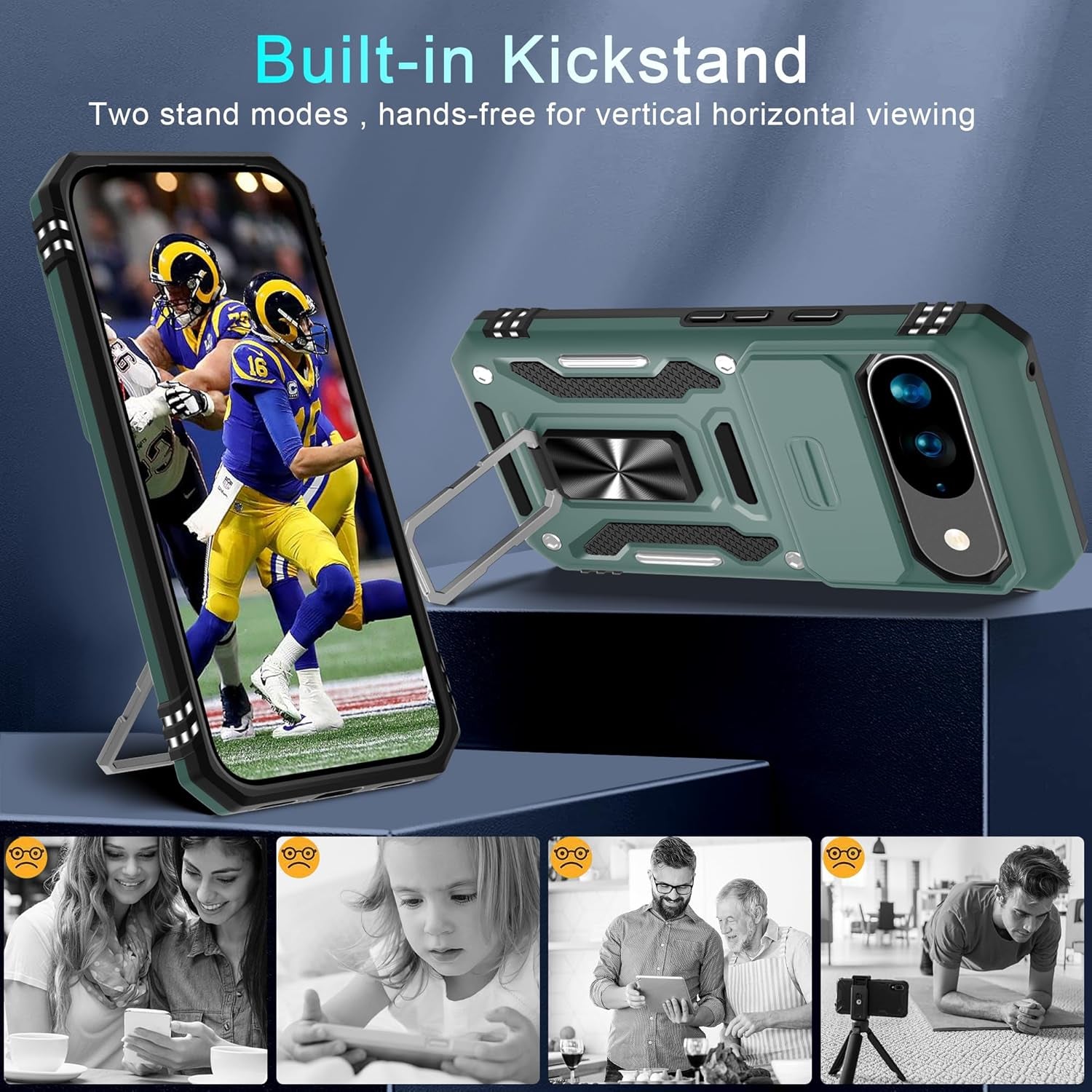 Case for Google Pixel 10/10 Pro with Slide Camera Cover+Screen Protector(1 Pack), Rotated Ring Kickstand Military Grade Shockproof Protective Cover-Green