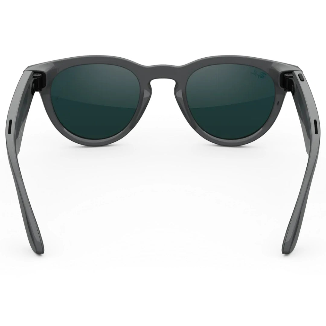 Gafas de sol inteligentes Ray-Ban Meta Wayfarer color grafito. Vista trasera mostrando lentes verdes y patillas abiertas.