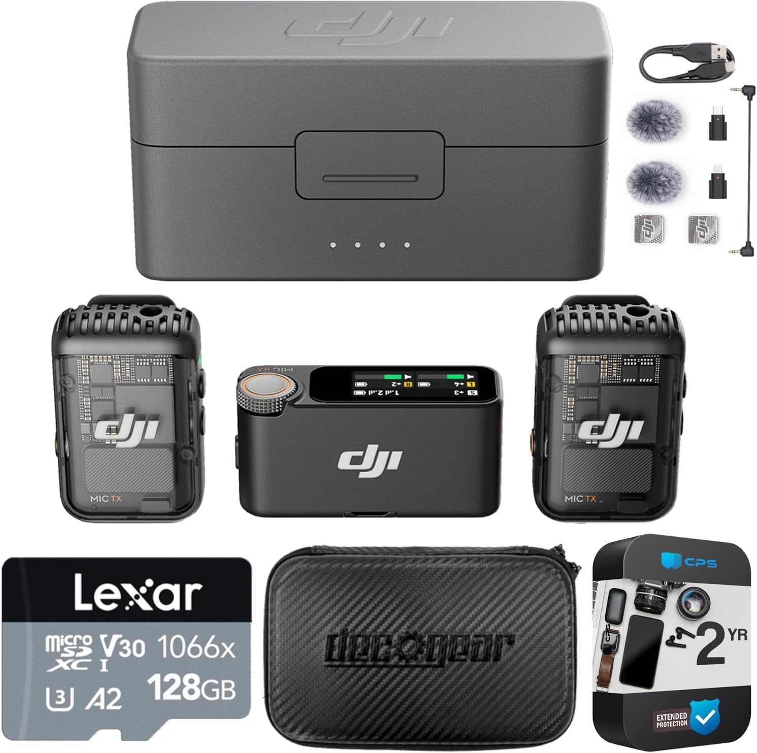 Mic Mini (2 TX + 1 RX + Charging Case) Wireless Lavalier Microphone, Ultralight, Noise Cancelling, up to 48-Hour Battery Life Bundle with 2 X Deco Gear Lapel Microphone and 5" EVA Case