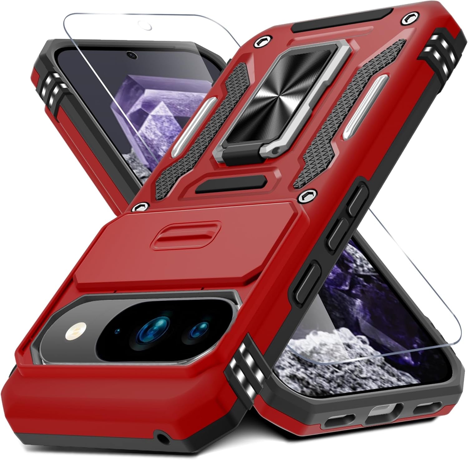 Case for Google Pixel 10/10 Pro with Slide Camera Cover+Screen Protector(1 Pack), Rotated Ring Kickstand Military Grade Shockproof Protective Cover-Green