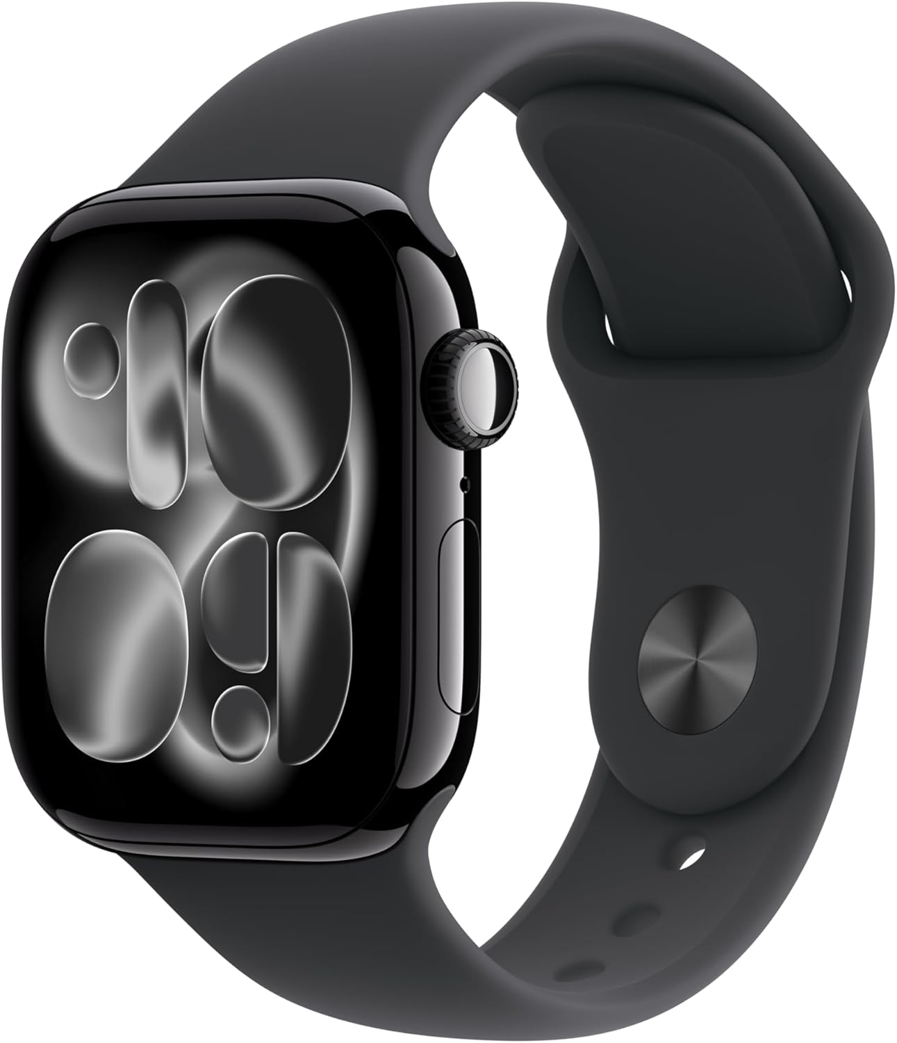 Apple Watch negro con correa deportiva de silicona, mostrando su pantalla OLED curva y corona digital; ideal para seguimiento de salud y fitness.