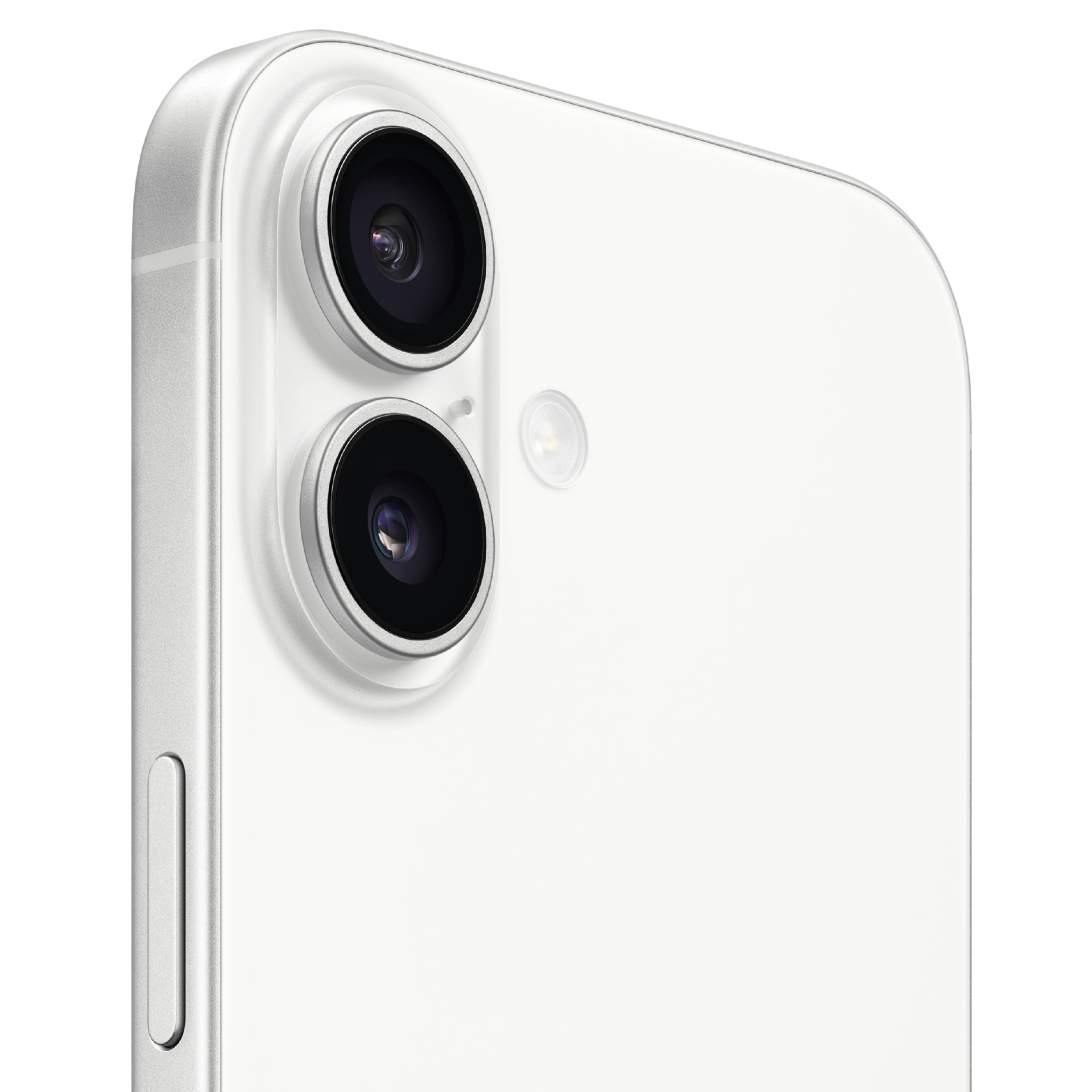 Primer plano del módulo de doble cámara trasera y el flash en un iPhone de color blanco o plateado. Se aprecia el acabado liso del cuerpo.