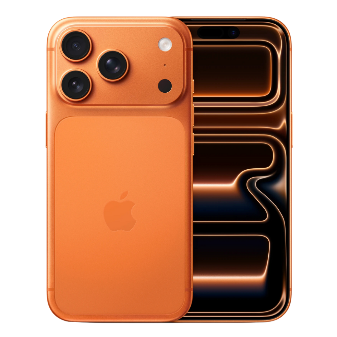 Renderizado de un iPhone 17 Pro color naranja. Muestra la triple cámara trasera y la pantalla encendida con un fondo de pantalla neón abstracto.