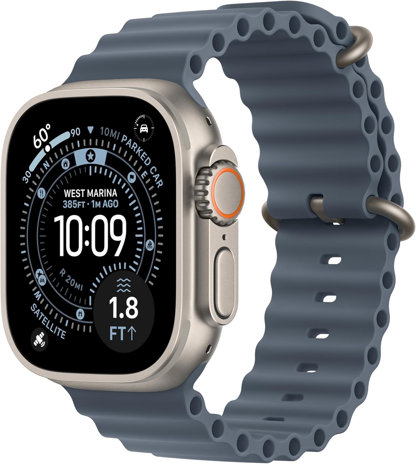 Apple Watch Ultra de titanio con correa Ocean azul, pantalla técnica con brújula y corona digital naranja en vista de tres cuartos.