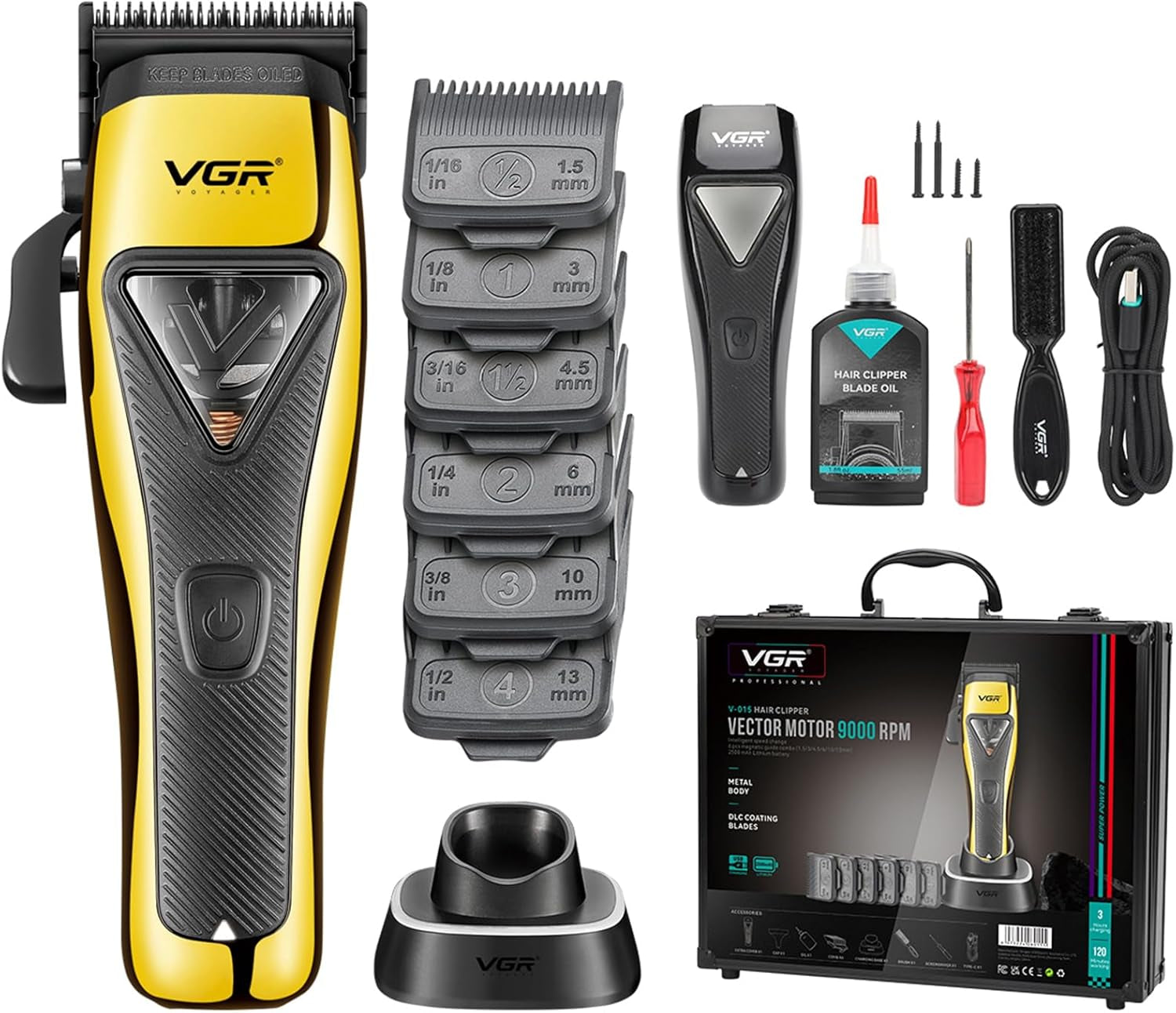 015 Professional Cordless Hair Clippers for Men, 9000 RPM Vector Motor Hair Trimmer Dlc-Blade Barber Clipper for Hair Cutting with Metal Body, 1 Modular Lid in Black, Travel Case
