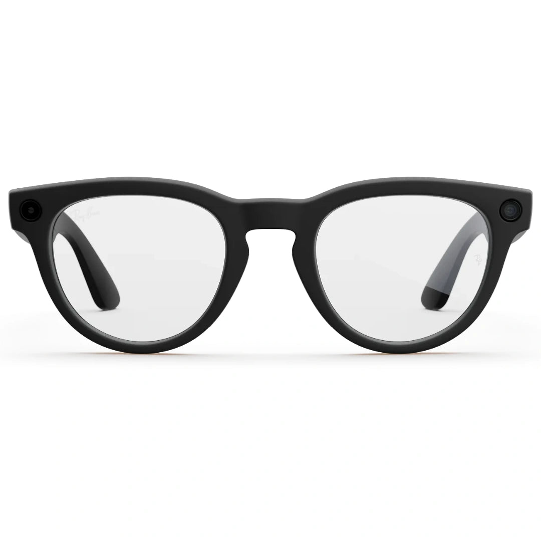 Gafas graduadas inteligentes Ray-Ban Meta Wayfarer negras mate. Vista frontal de la montura opaca y lentes transparentes.