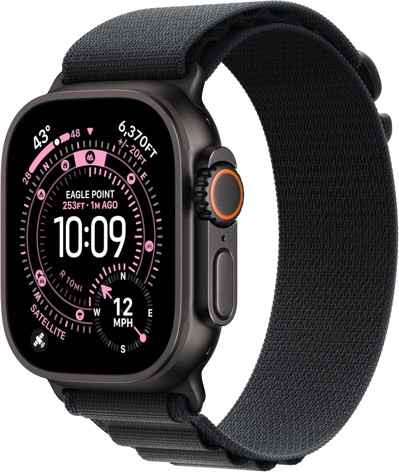 Apple Watch Ultra negro con correa Trail Loop, mostrando una esfera técnica con altímetro, brújula y corona digital con acento naranja en vista de tres cuartos.