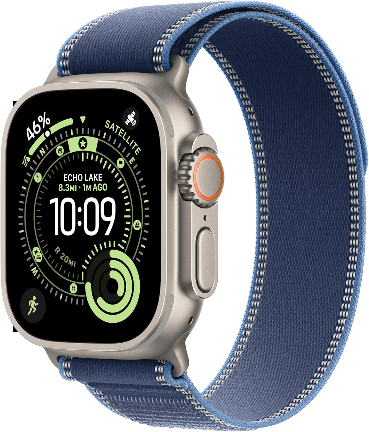 Apple Watch Ultra de titanio con correa Alpine Loop azul, pantalla técnica con brújula y corona digital con borde naranja en vista lateral.