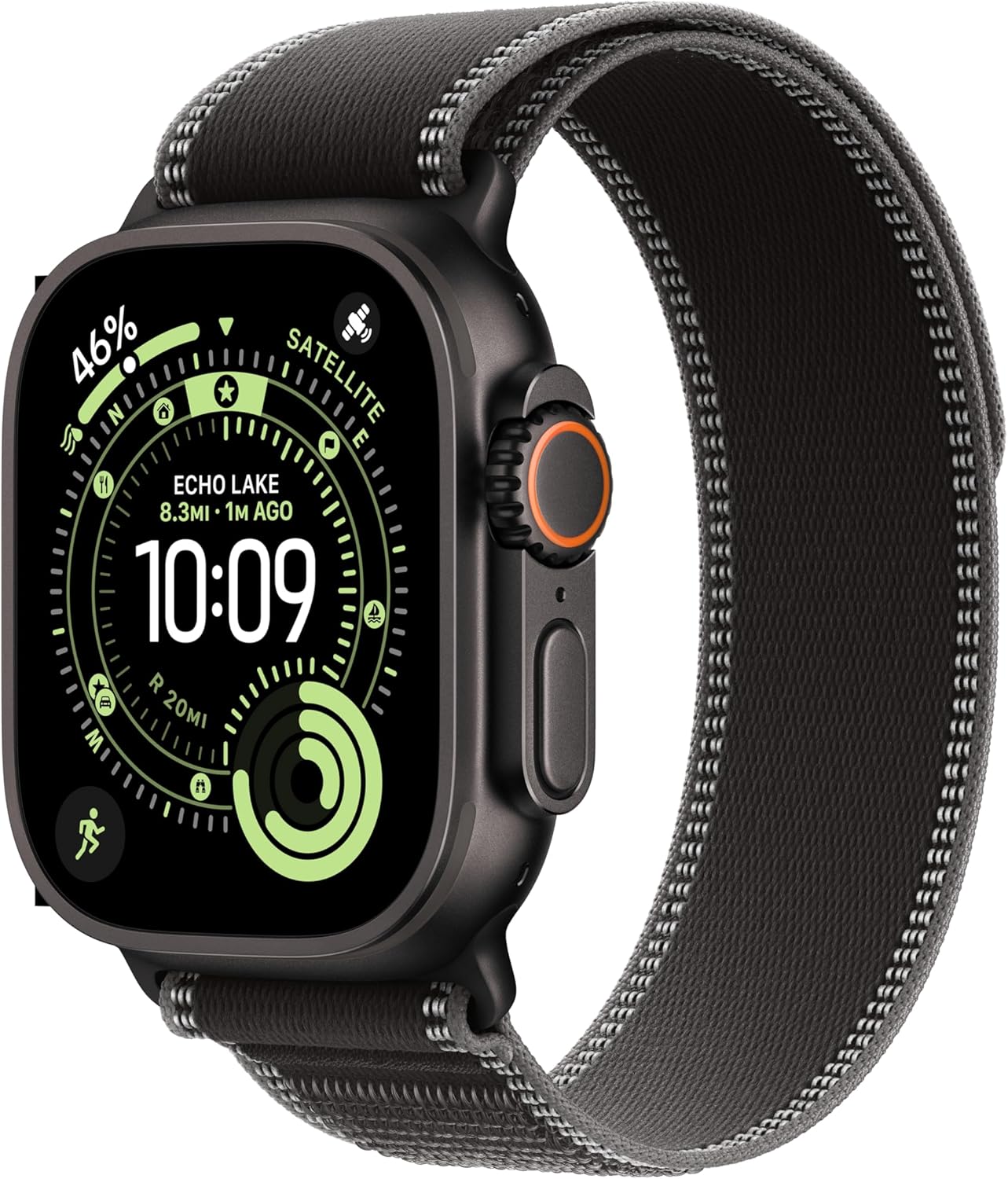 Apple Watch Ultra negro con correa Alpine Loop oscura, esfera técnica con brújula y corona digital con acento naranja en perspectiva lateral.