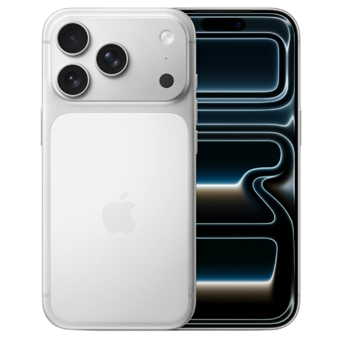 Representación de un iPhone 17 Pro en color blanco/plata. Muestra la parte trasera con triple cámara y el frontal con una pantalla encendida abstracta.