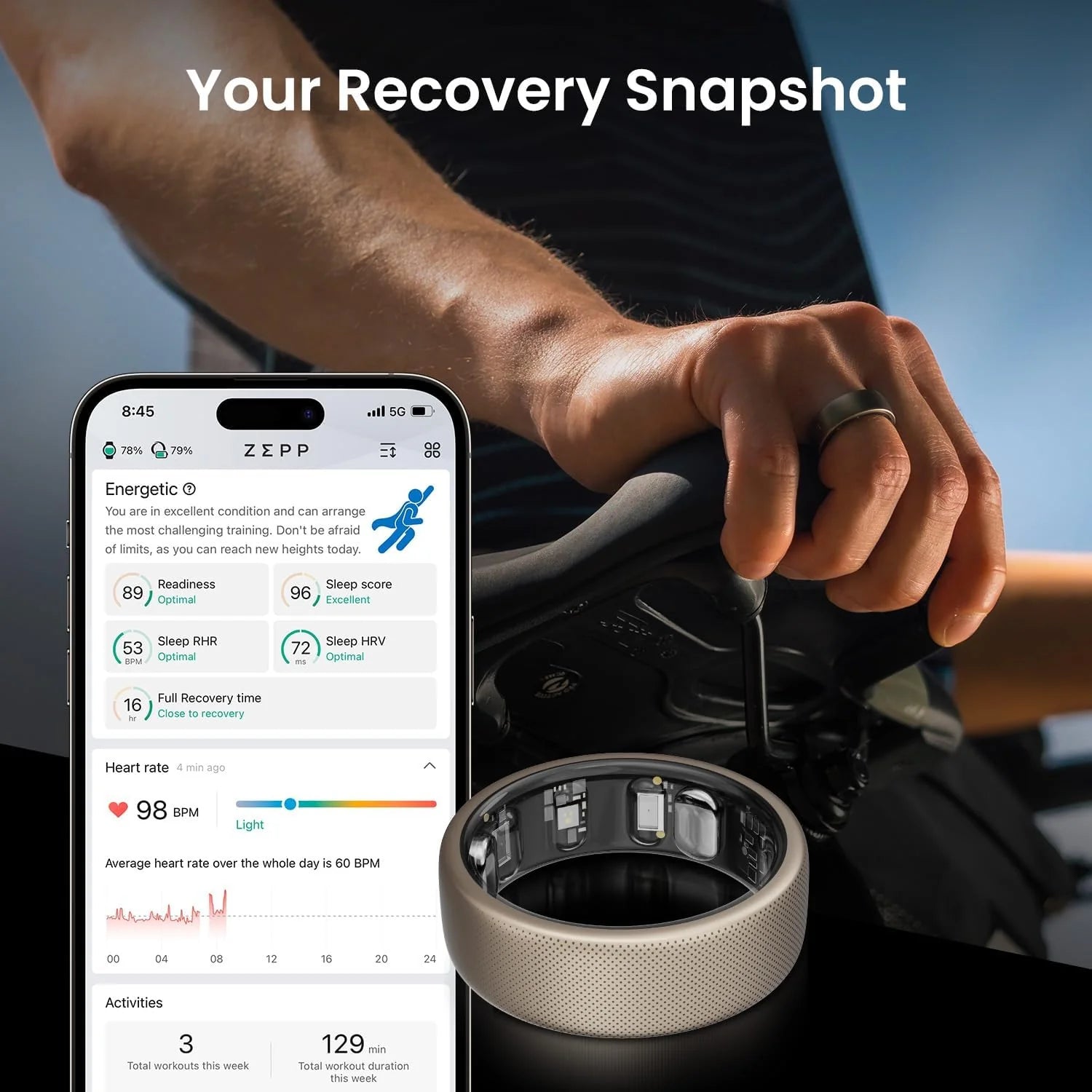 Amazfit Helio Ring Inteligente de Salud, Anillo Rastreador de Fitness, Sin Suscripción, Monitorea el Sueño, la Frecuencia Cardíaca y el Estrés, Aleación de Titanio, Carga Rápida de 1.4 Horas