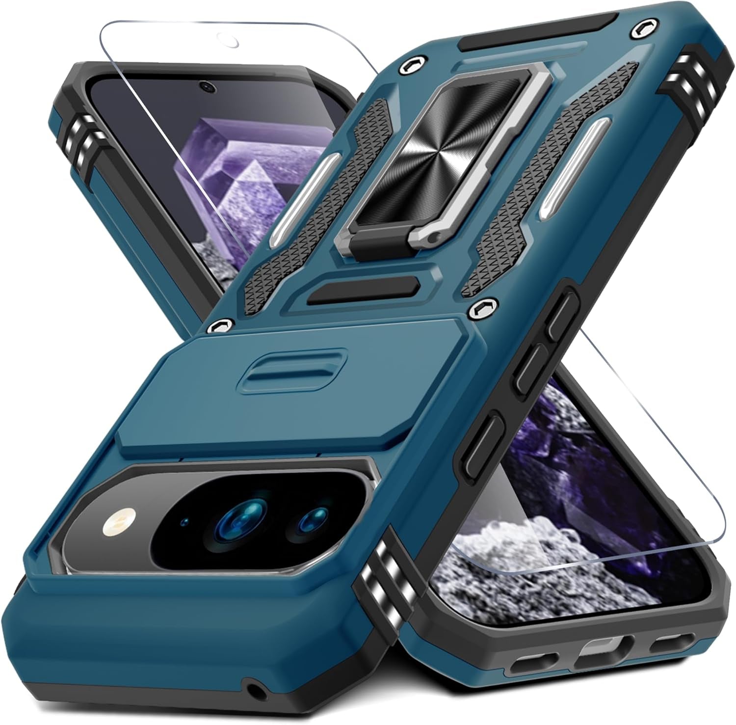 Case for Google Pixel 10/10 Pro with Slide Camera Cover+Screen Protector(1 Pack), Rotated Ring Kickstand Military Grade Shockproof Protective Cover-Green