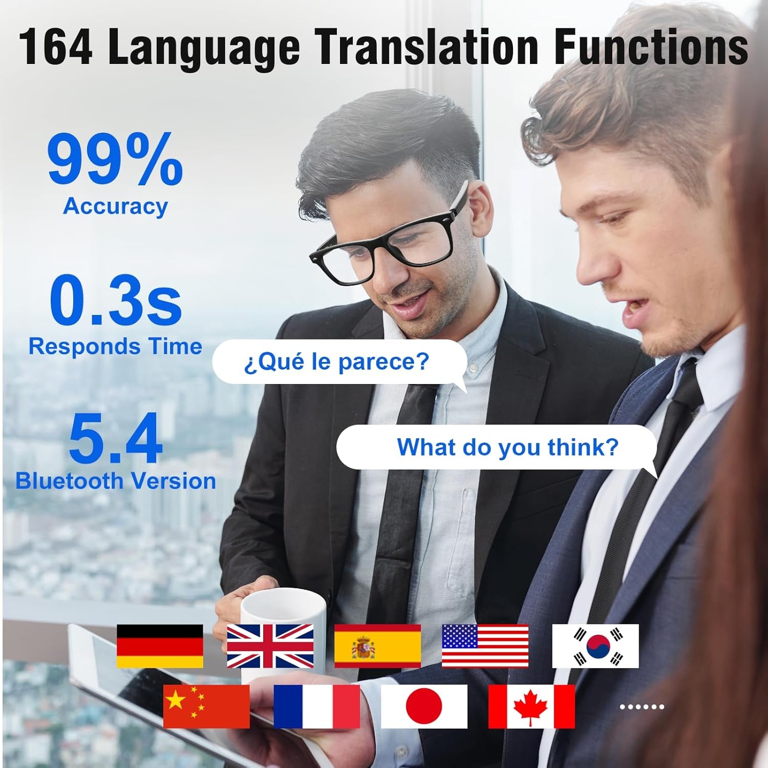 AI Translation Smart Glasses with Chat GPT for Men and Women, Bluetooth Sunglasses with Translator 164 Languages and Color-Change Lens, Music Playback & Hands-Free Calls, UV & Blue Light Protection