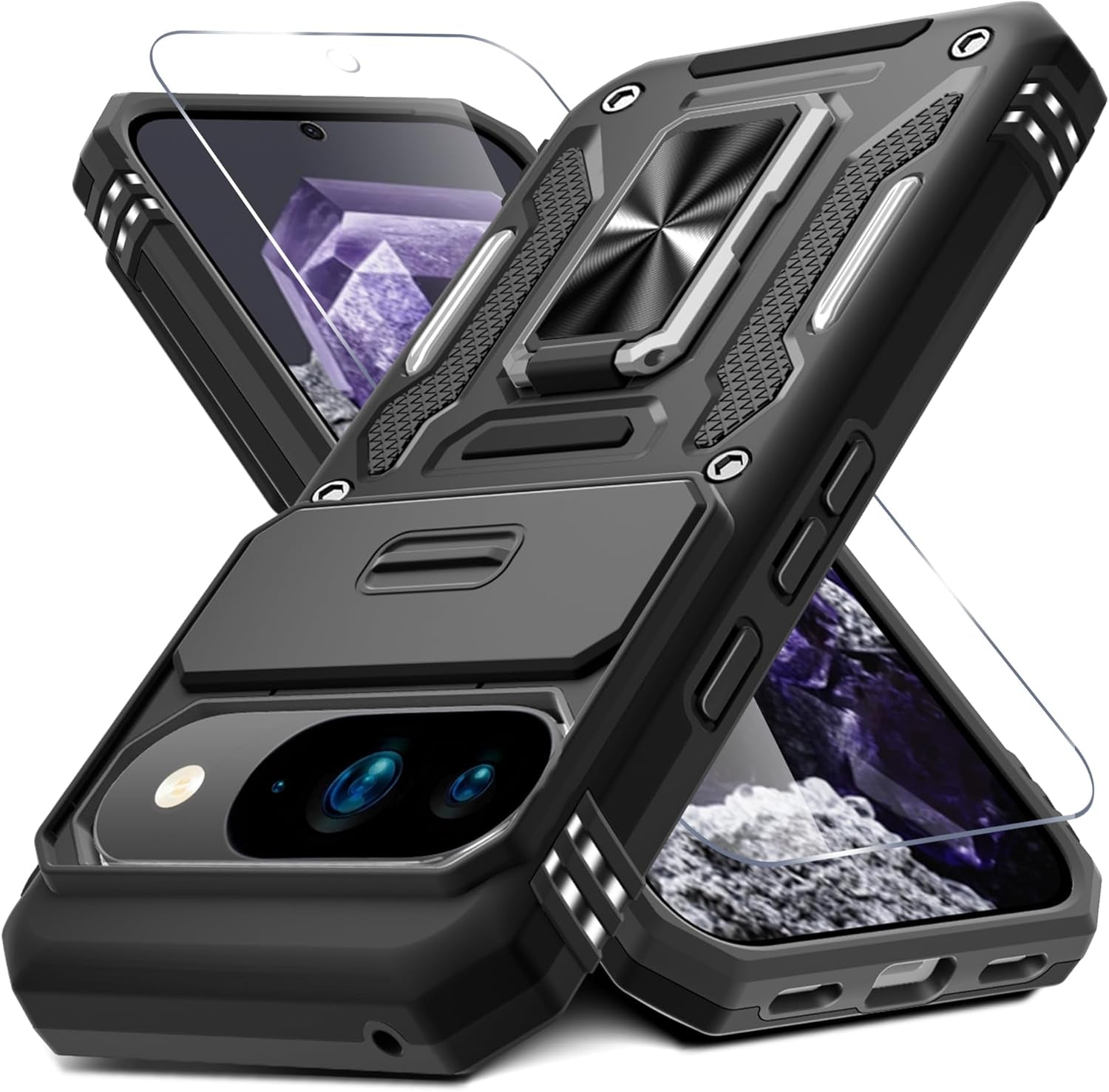 Case for Google Pixel 10/10 Pro with Slide Camera Cover+Screen Protector(1 Pack), Rotated Ring Kickstand Military Grade Shockproof Protective Cover-Green