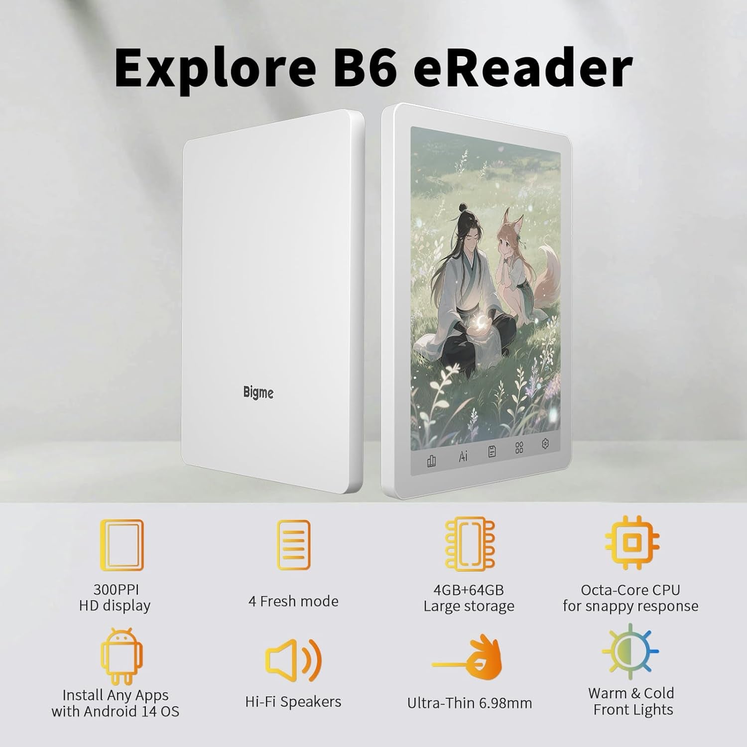 B6 Color E-Reader, Colour Ebook Readers 6 Inch E-Ink Ereaders Digital Epaper Tablet with Android 14, 4GB+64GB, Adjustable Front Light Ereader Device with Audiobook Translator Voice Recorder