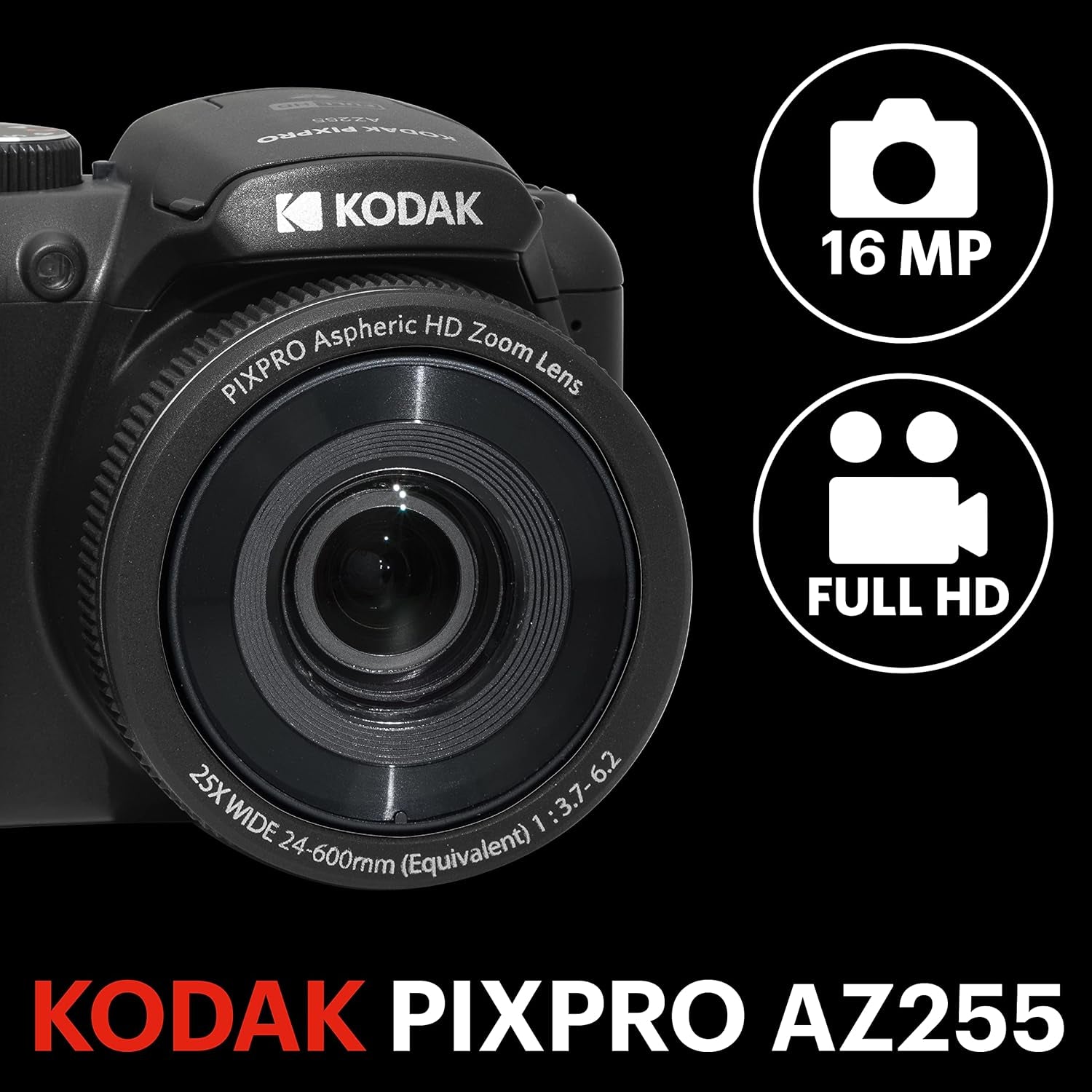 PIXPRO AZ255-BK 16MP Digital Camera 25X Optical Zoom 24Mm Wide Angle Lens Optical Image Stabilization 1080P Full HD Video 3" LCD Vlogging Camera (Black)
