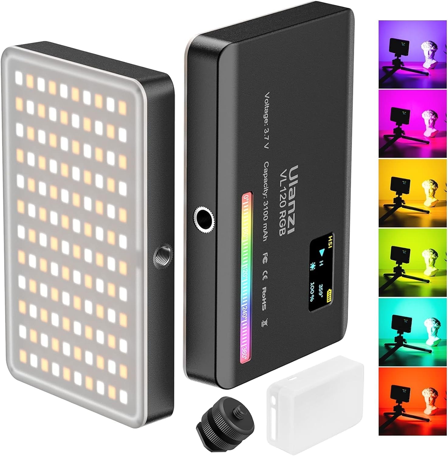 VL120 RGB Video Light, Pocket LED On-Camera Video Lights, Built-In 3100Mah Rechargeable Battery, 360 Full Color 20 Light Effects, CRI≥95 2500-9000K LED Panels for Photography Vlogging