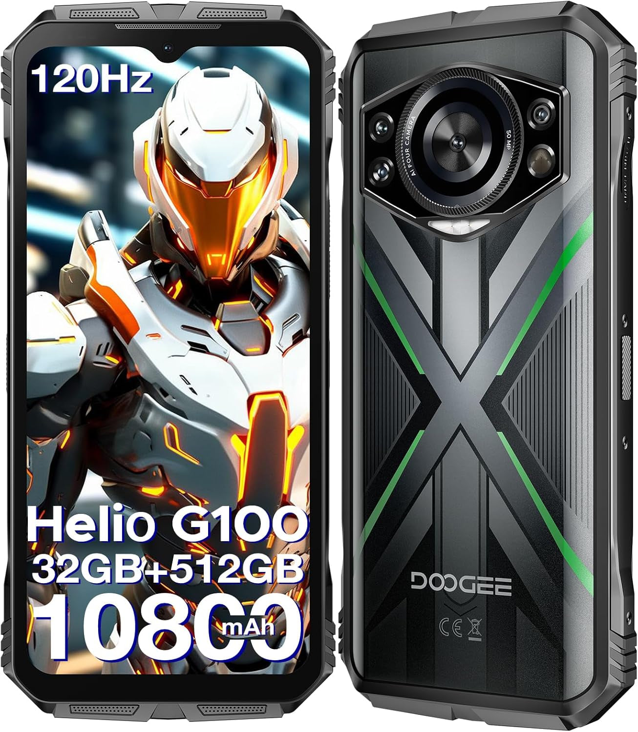 S Cyber Pro Rugged Phone, 10800Mah Android 14 Rugged Smartphone, 32GB+512GB, Helio G100 Octa Core Gaming Phones, 6.6" FHD+ 120Hz IPS Waterdrop Screen, 4G Dual SIM Mobile Phone, Green