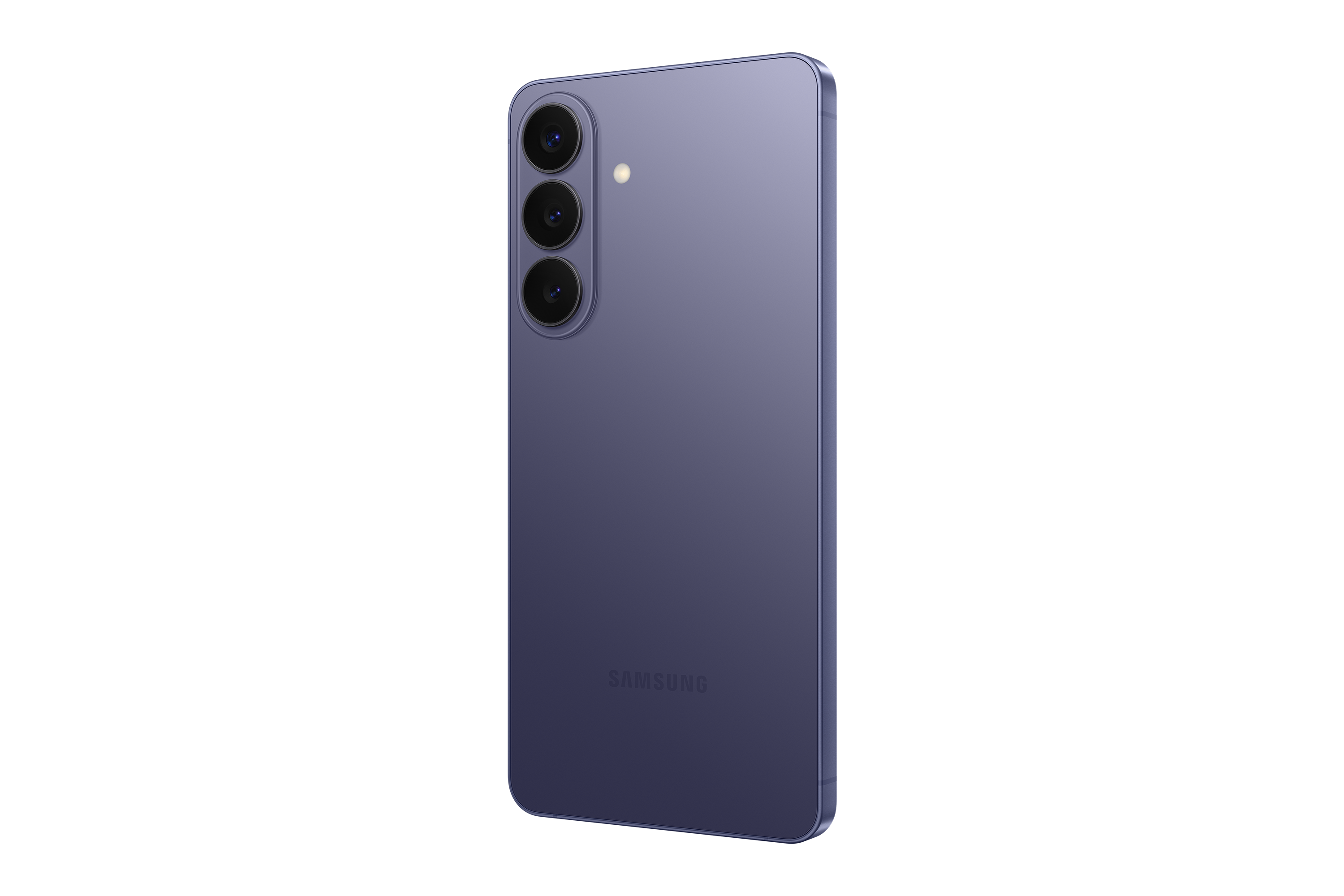 Samsung Galaxy S26 Plus violeta: vista trasera en ángulo y perfil lateral.