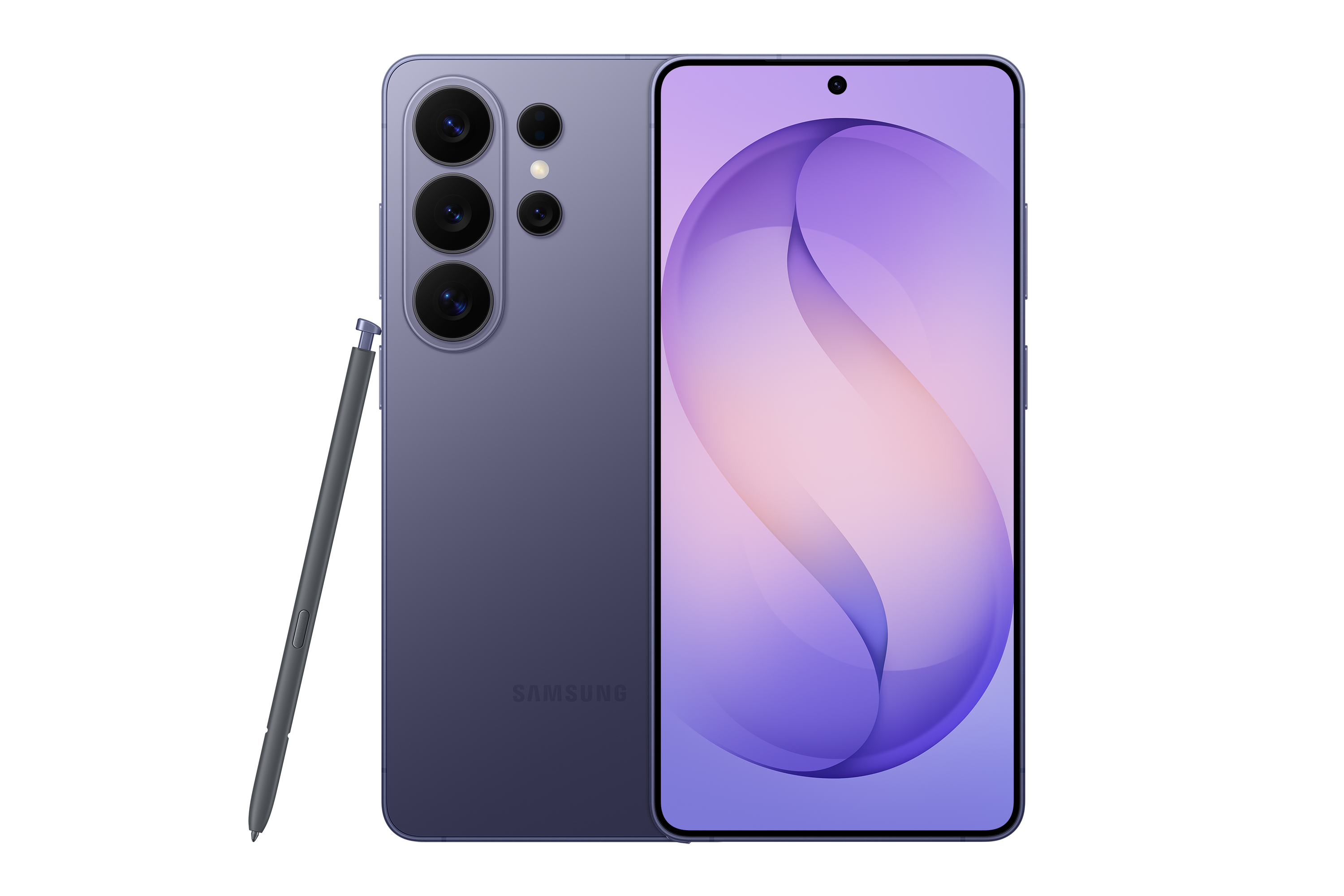 Smartphone Samsung Galaxy S26 Ultra violeta, vistas trasera y frontal con S Pen