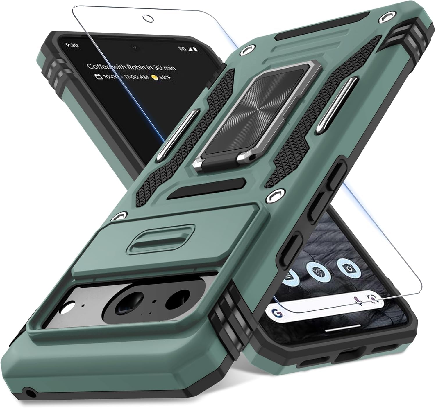 Case for Google Pixel 10/10 Pro with Slide Camera Cover+Screen Protector(1 Pack), Rotated Ring Kickstand Military Grade Shockproof Protective Cover-Green