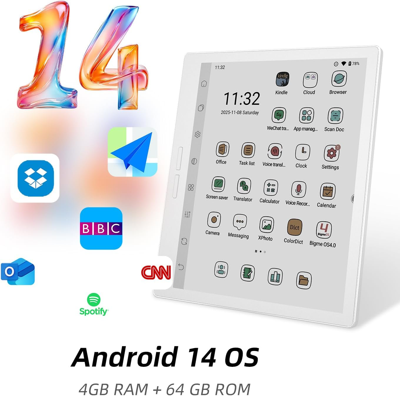 B751C S Ebook Reader, 4GB+64GB Color Android 14 OS Epaper Tablet, White