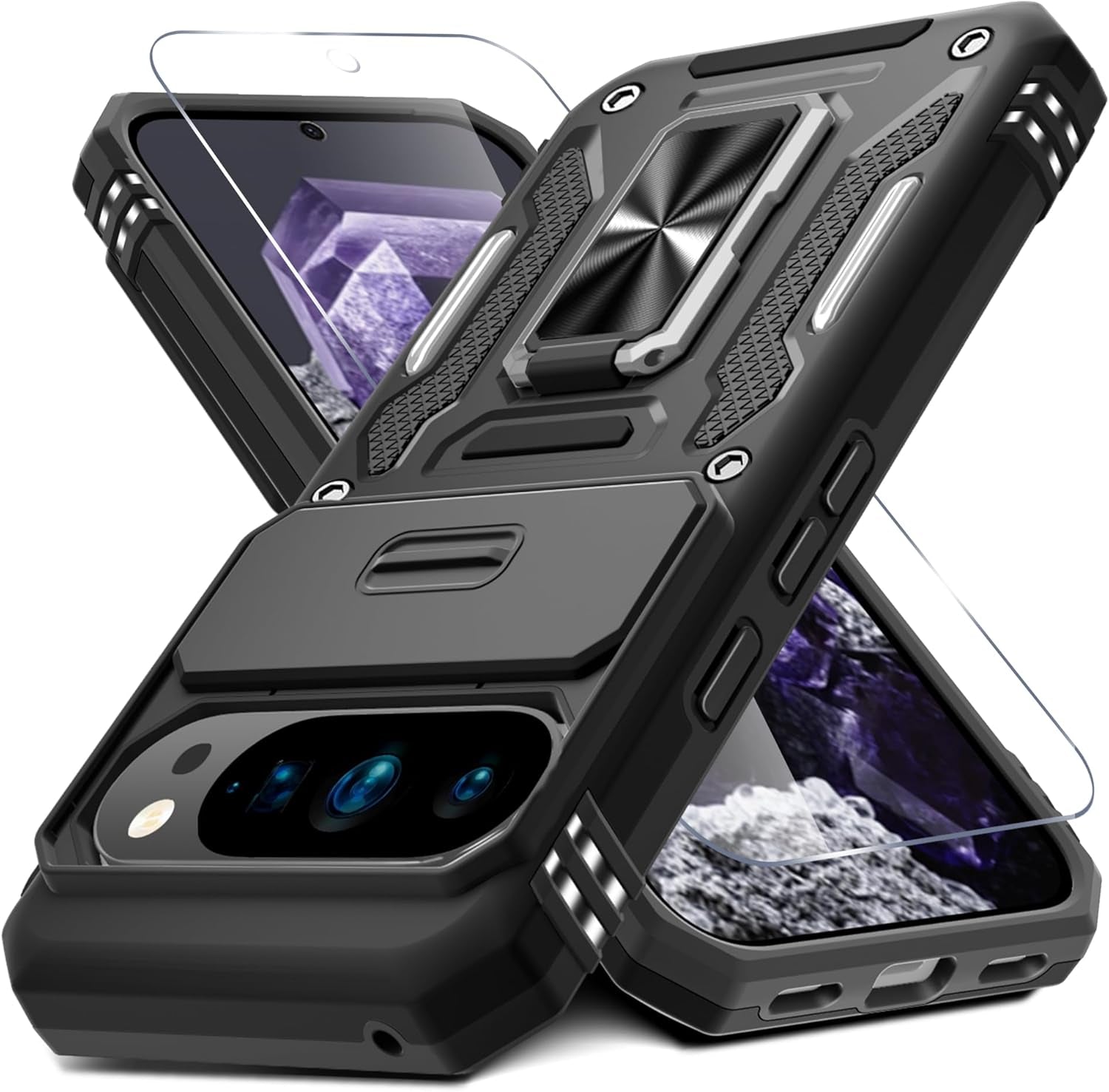 Case for Google Pixel 10/10 Pro with Slide Camera Cover+Screen Protector(1 Pack), Rotated Ring Kickstand Military Grade Shockproof Protective Cover-Green