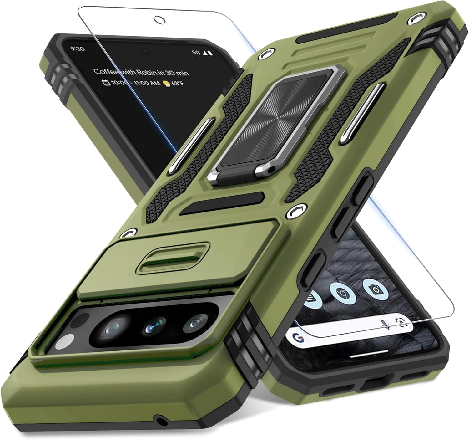Case for Google Pixel 10/10 Pro with Slide Camera Cover+Screen Protector(1 Pack), Rotated Ring Kickstand Military Grade Shockproof Protective Cover-Green