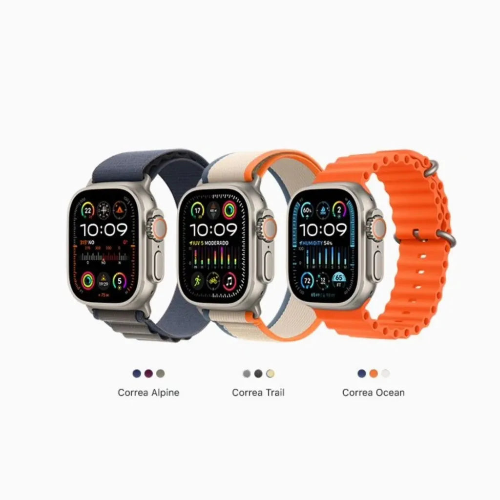 Comparativa de Apple Watch Ultra con correas Alpine, Trail y Ocean en diferentes colores, destacando sus esferas modulares de alta tecnología para exteriores.