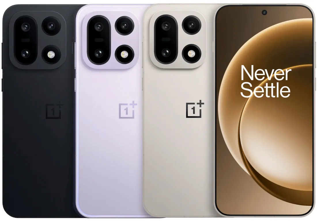 OnePlus 15 negro, lila y crema: vista trasera y pantalla frontal.