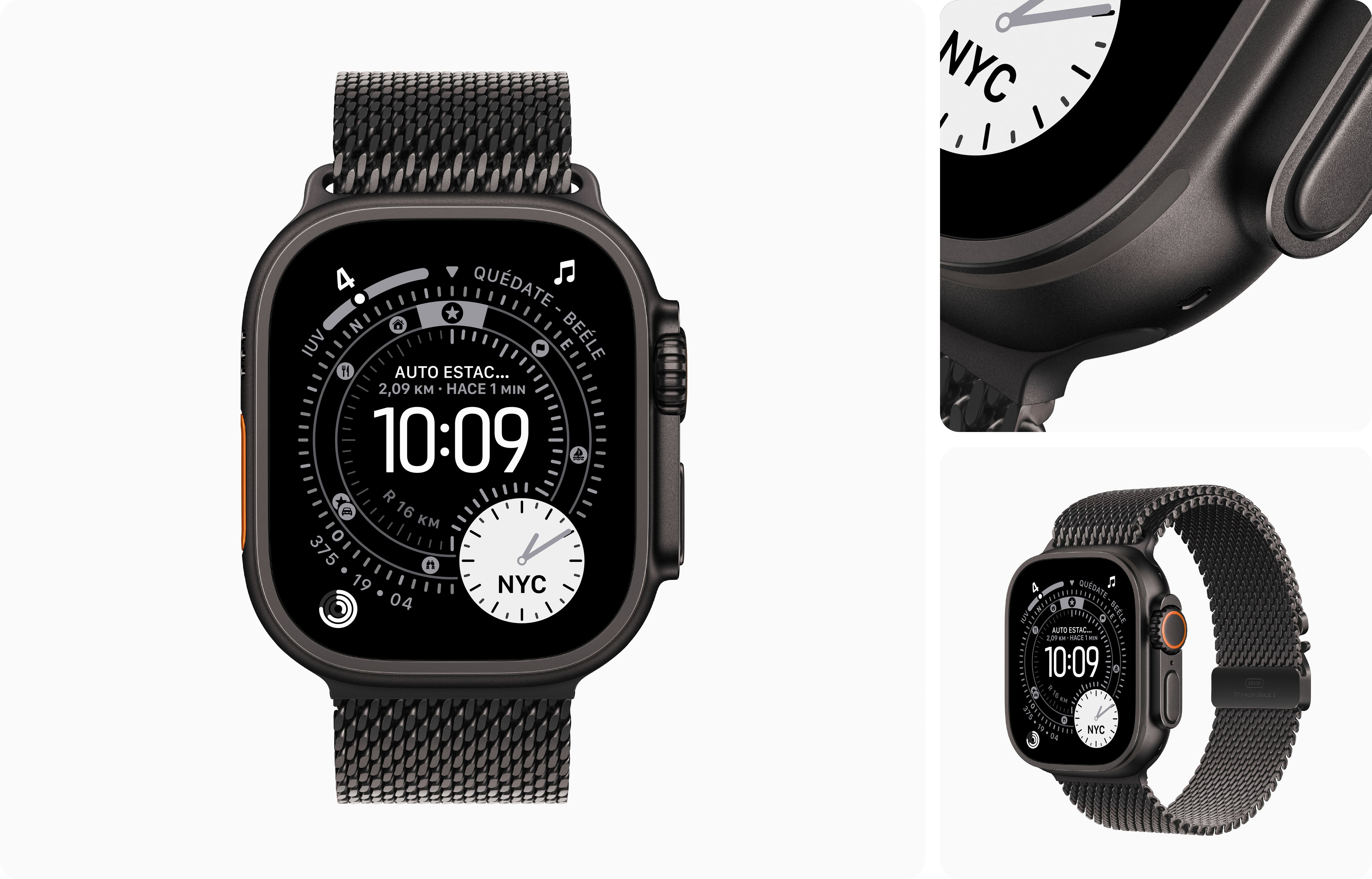 Apple Watch Ultra negro con correa Milanese de titanio, incluyendo vista frontal y detalle del sensor en composición de tres paneles.