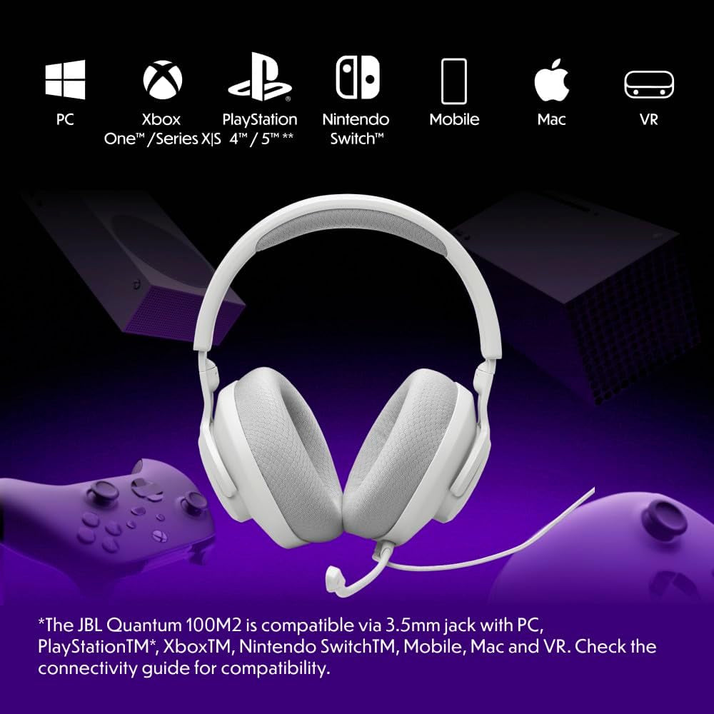 Quantum 100M2 - Wired Over-Ear Gaming Headset with Omnidirectional, Detachable Mic with Mute Option and Fabric-Covered Memory Foam Ear Cushions, Compatible with All Platforms (White)